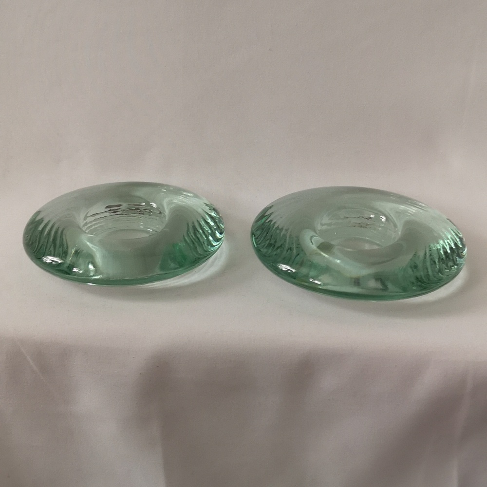 Quality Green Glass Set of Two Disk Shaped Cherison Glass Candle Holders New